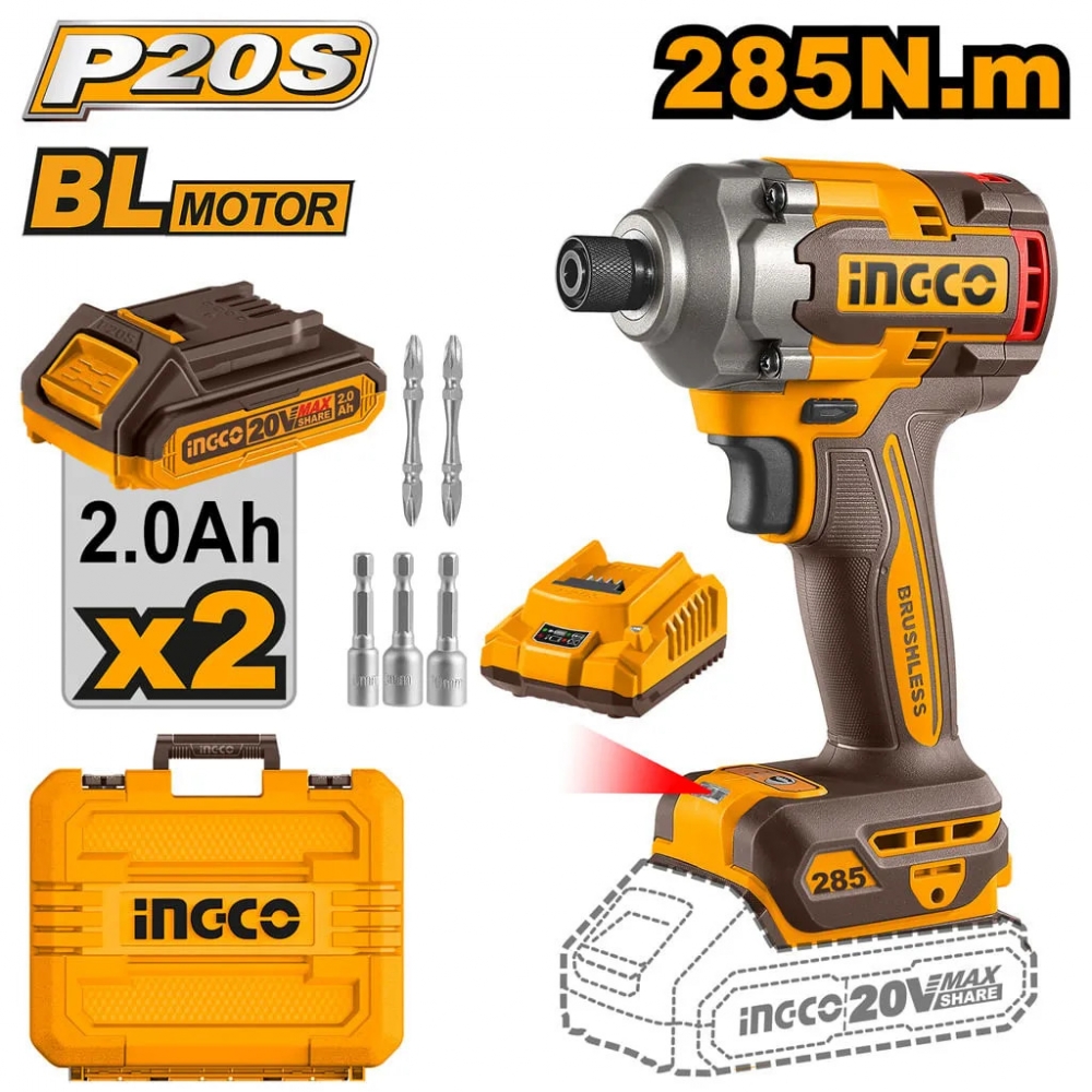 Parafusadeira de Impacto INGCO Brushless Bateria 20V 285nm