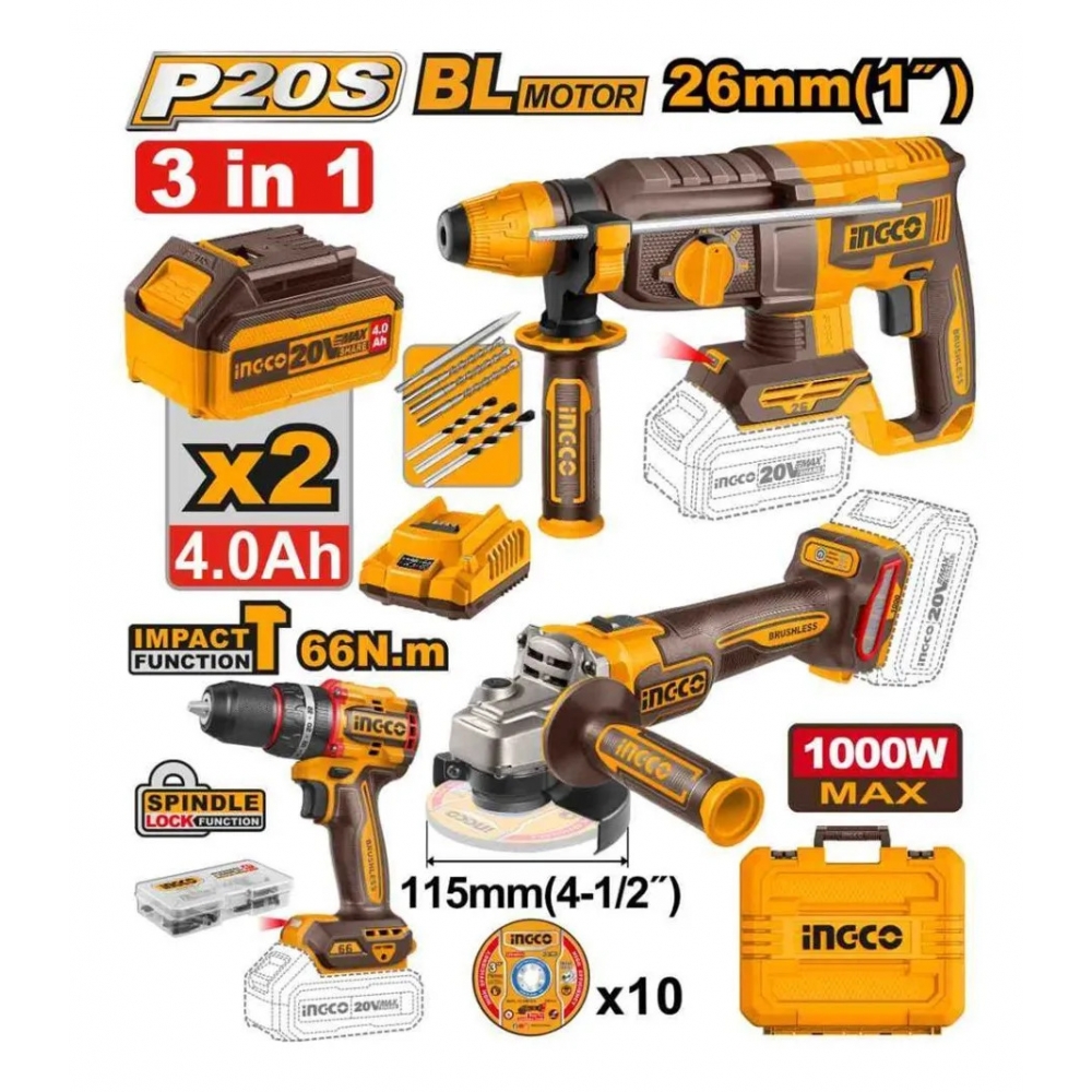 Combo Parafusadeira, Martelete, Esmerilhadeira INGCO 20v + Acessorios