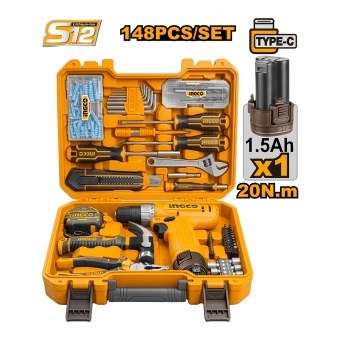 Kit Ferramentas + Parafusadeira 12v ingco 148 peças