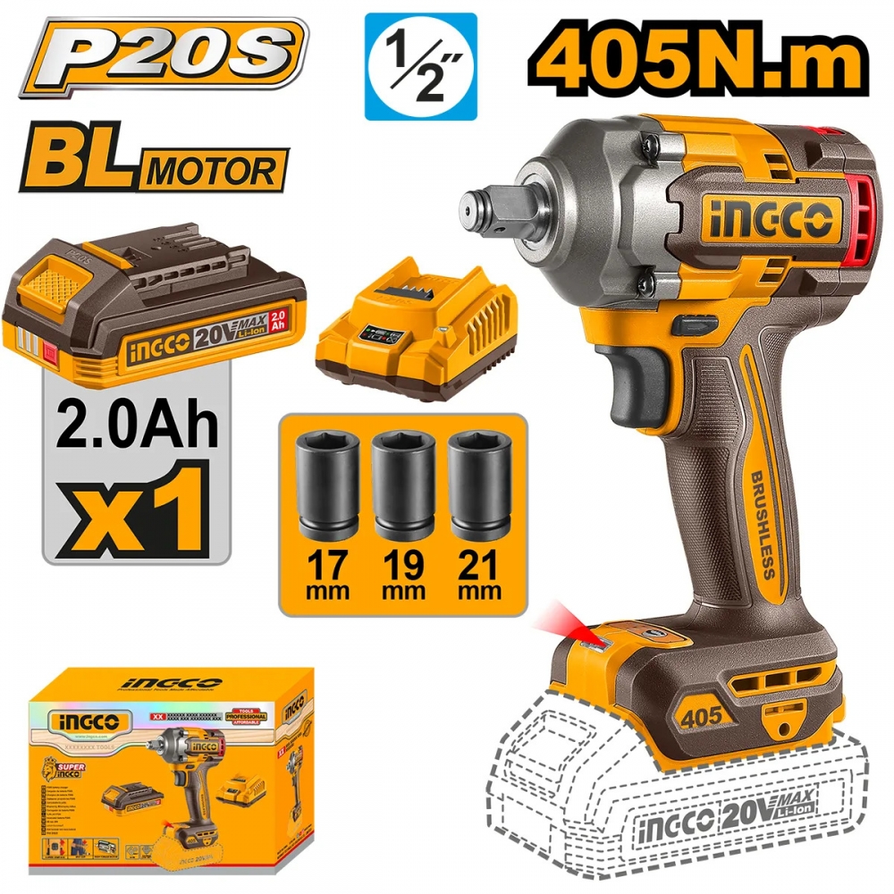 Chave De Impacto 1/2 405nm Brushless 1 bateria 20v ingco