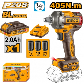 Chave De Impacto 1/2 405nm Brushless 1 bateria 20v ingco