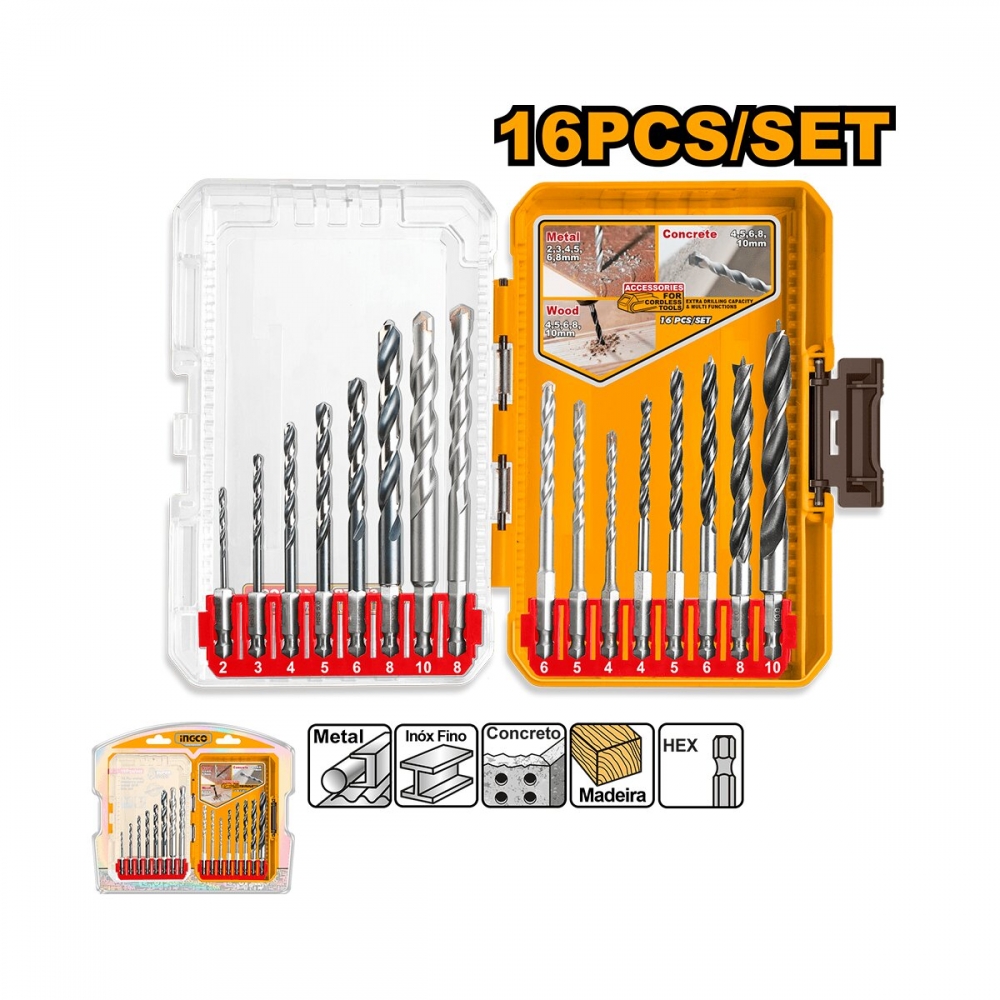 Jogo de brocas 16pc encaixe 1/4 metal madeira parede INGCO